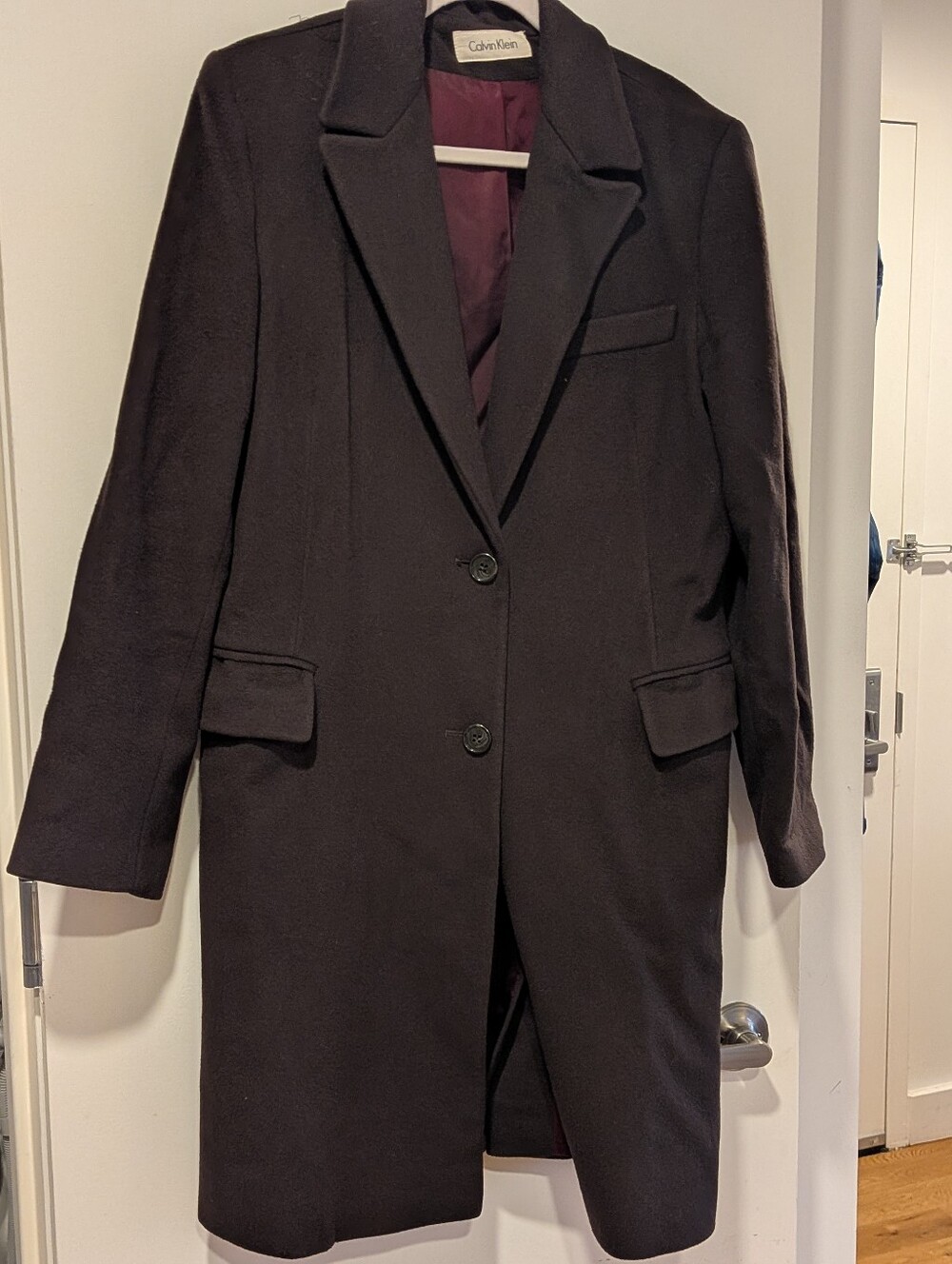 Vintage Calvin Klein 100% Wool Dark Brown Coat with Burgundy Lining
